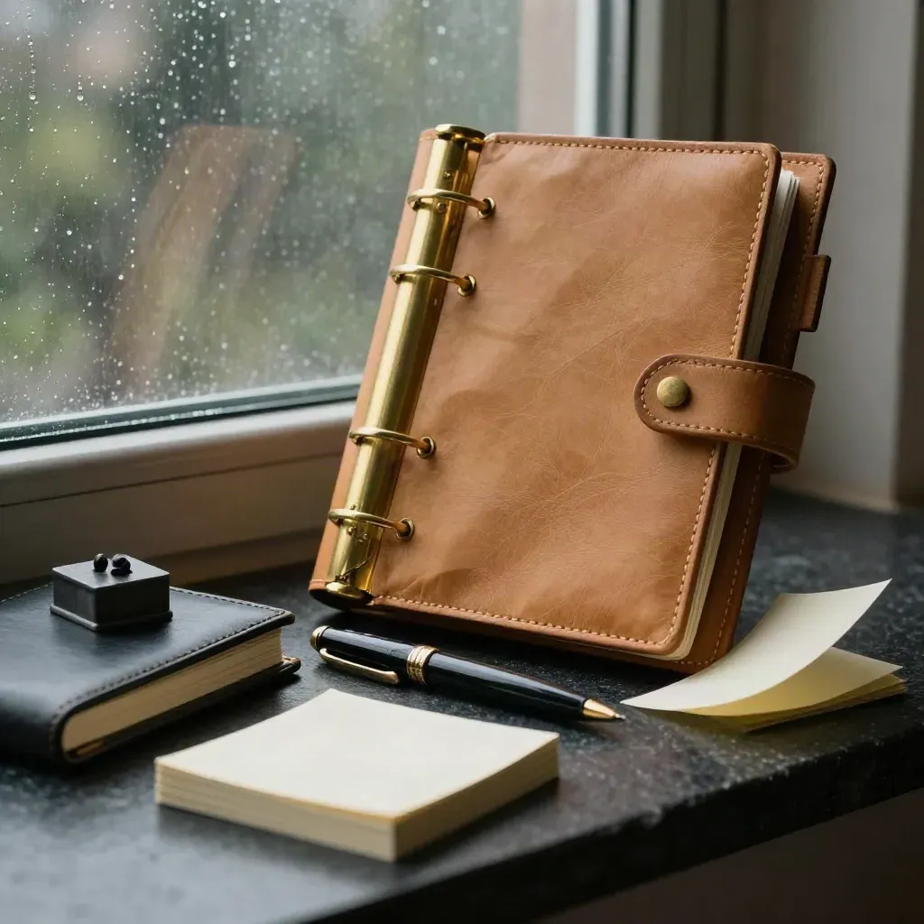 Leather task planner, notebook, paper cards, pen, and paperweight in rainy dawn light.