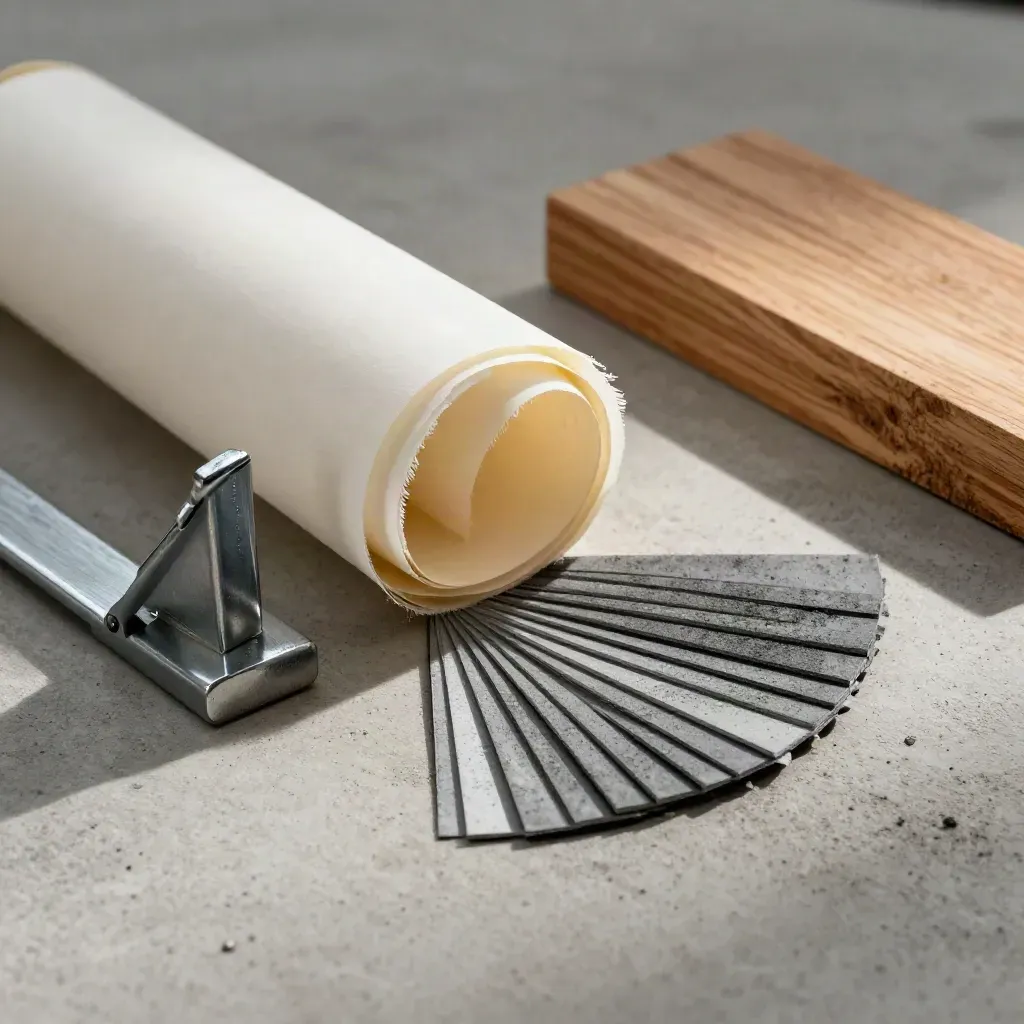 Tracing paper tubes, steel clamp, graphite chips, and cedar block on concrete