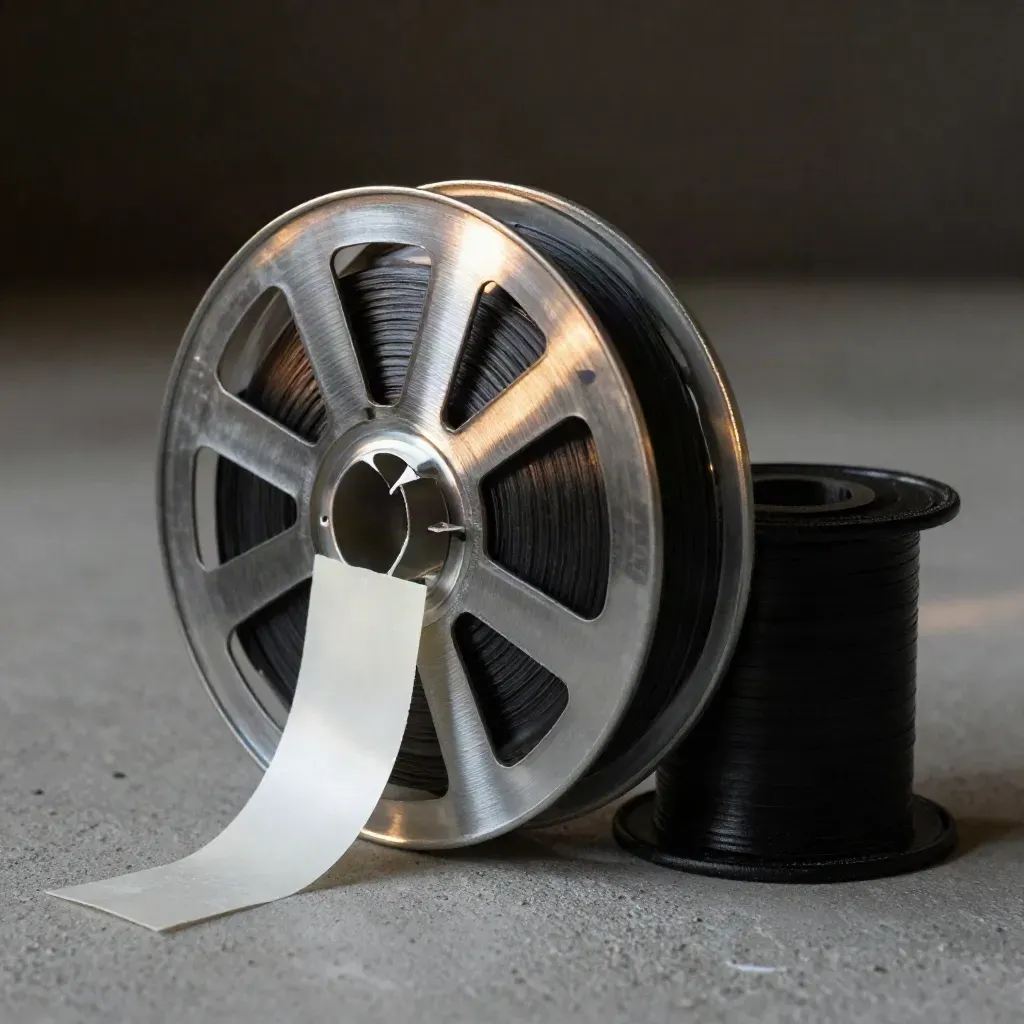 Film canisters, a reel, white splice tape, and a black spool on concrete.
