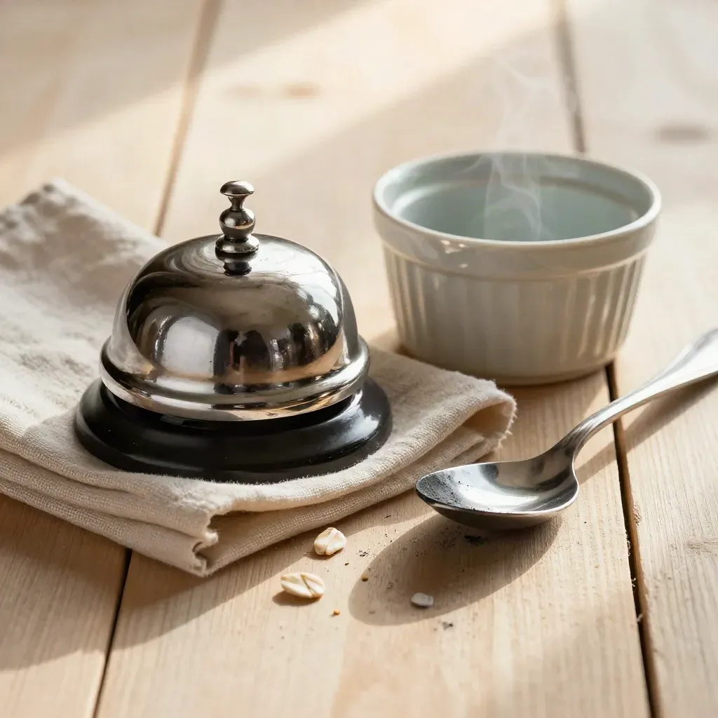 Silver serving bell, napkin rings, ramekin, and spoon on pale wood with steam.