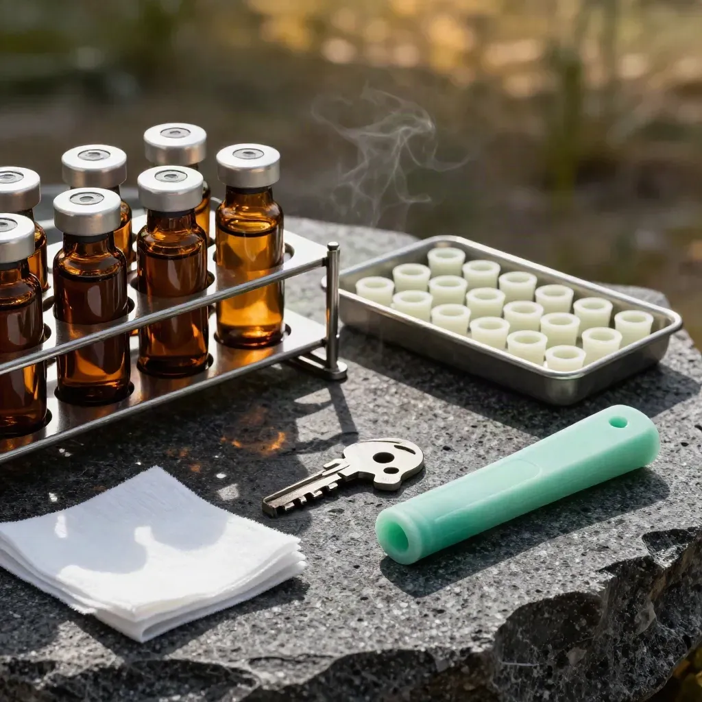Amber lab vials, metal rack, rubber stoppers and folded wipes on basalt with cool vapor.