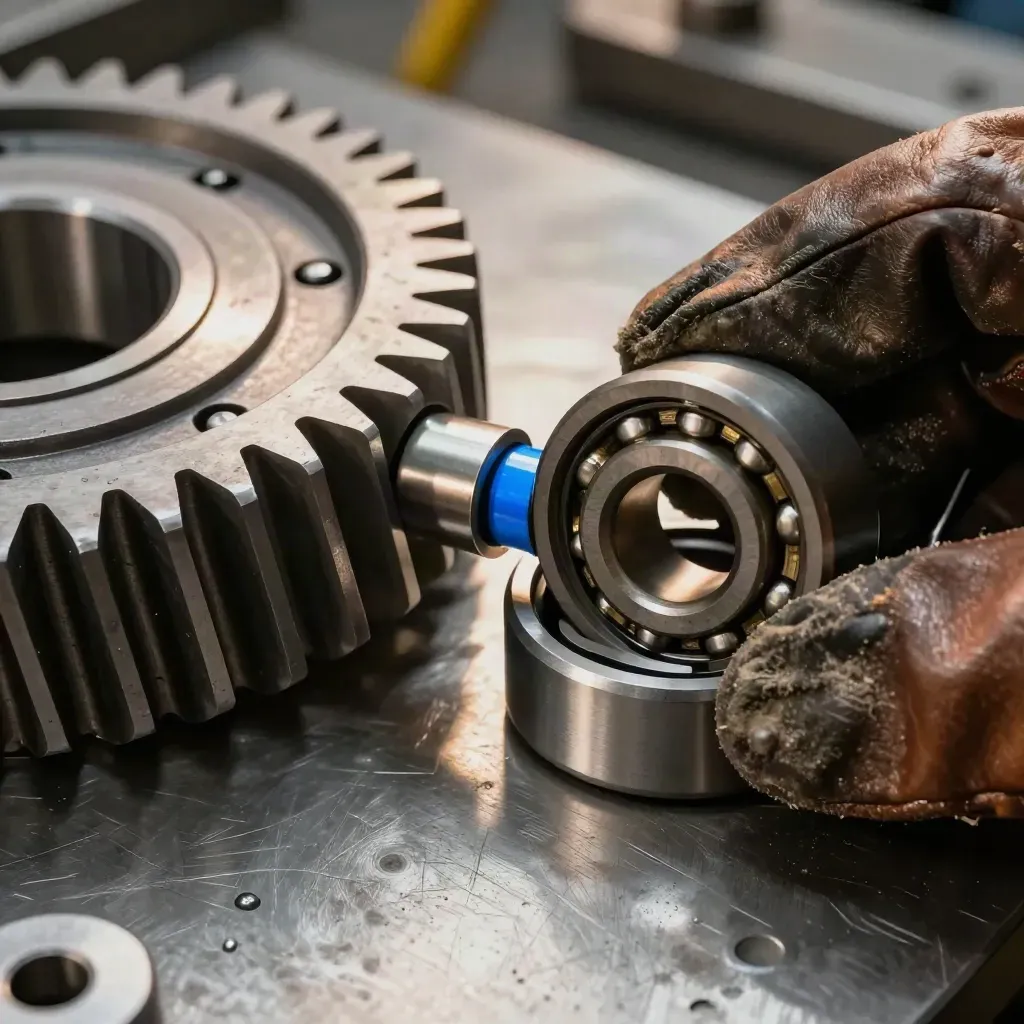 Macro of gears, bearing races and a leather cuff on brushed metal