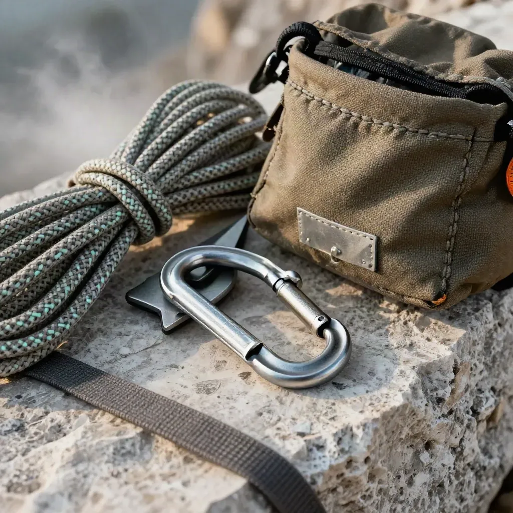 Climbing rope, carabiner, anchor plate and canvas pouch on stone in moody alpine light.