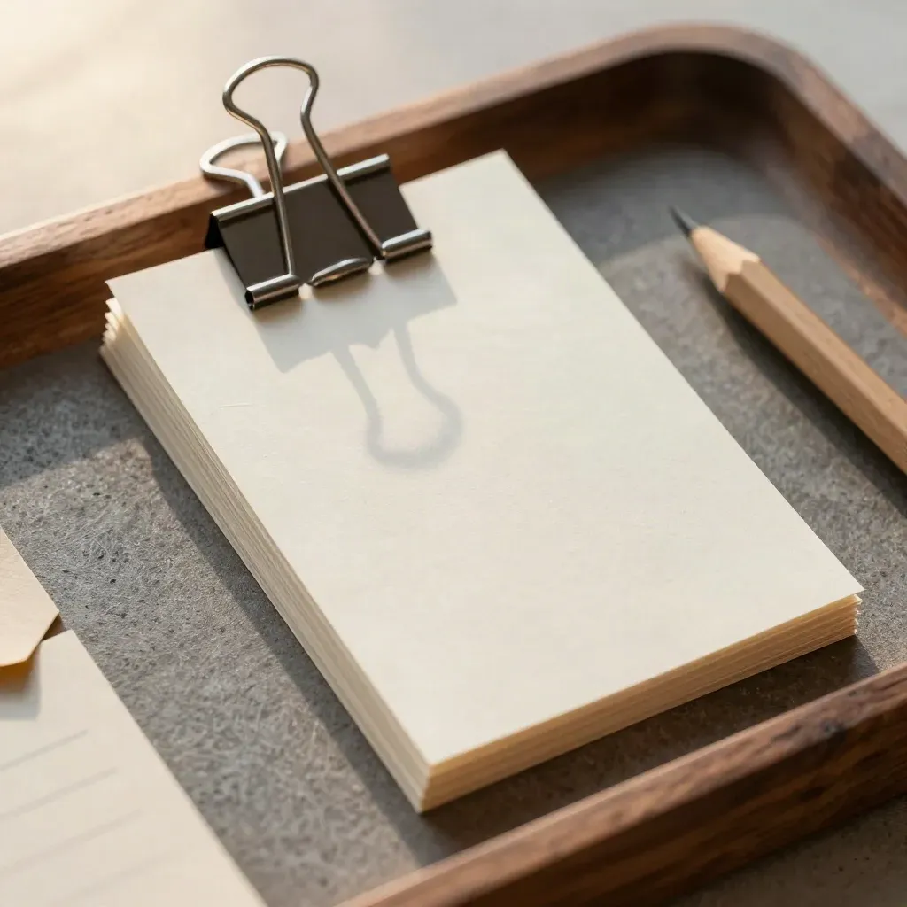 Macro still life of blank task cards clipped in steel with a pencil stub on a warm stone surface.