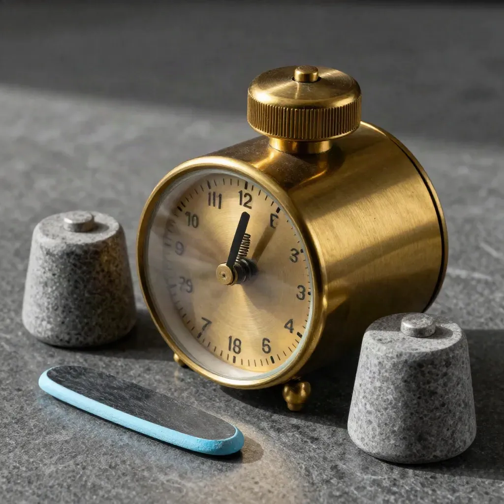 Brass wind-up timer with stone weights and a slate pebble on graphite under dramatic light.