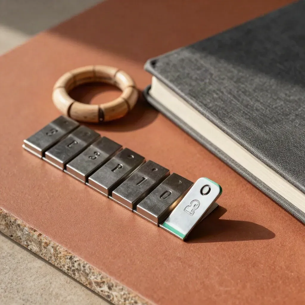 Top-down habit-tracking kit with metal tally tabs, wooden markers, and a closed journal.