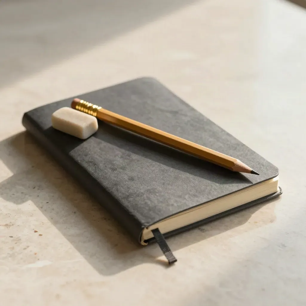 Notebook, pencil, eraser, and brass clip on stone with soft light