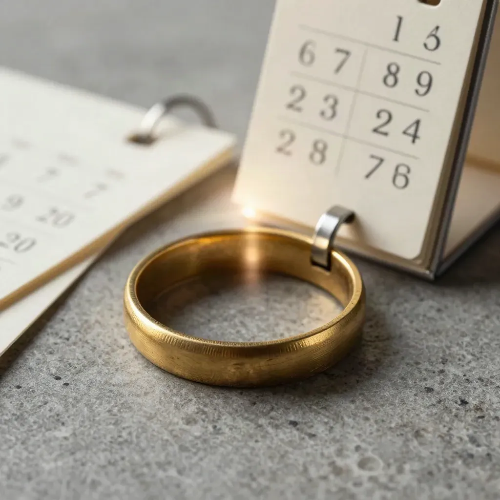 Brass date rings with clipped paper cards and a desk stand on stone.