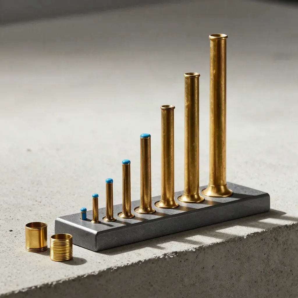 Brass tally bars and punched counters on concrete under dramatic side light.