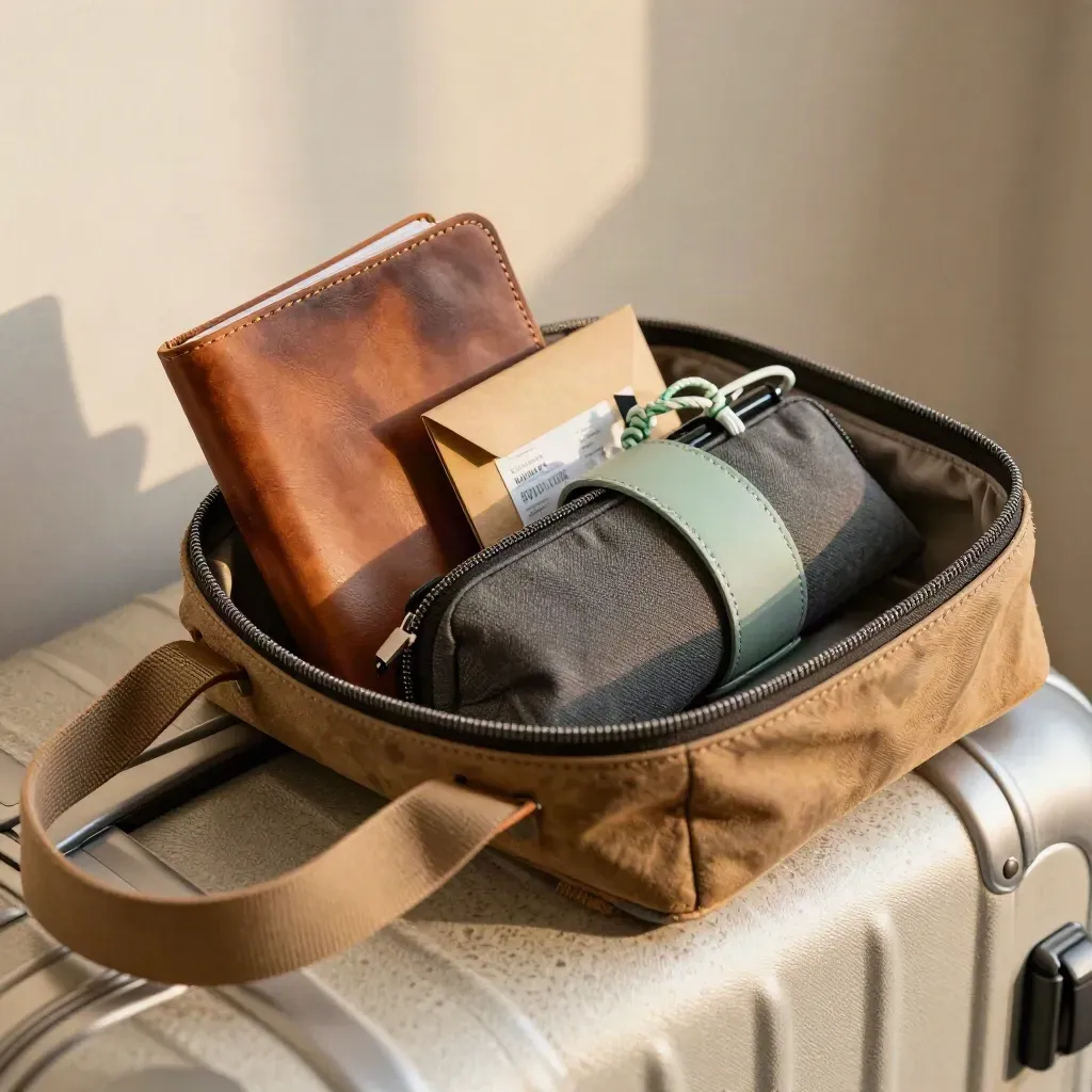 Open travel pouch with notebook, pen case, receipt sleeve and cord wrap seen through a tote strap.
