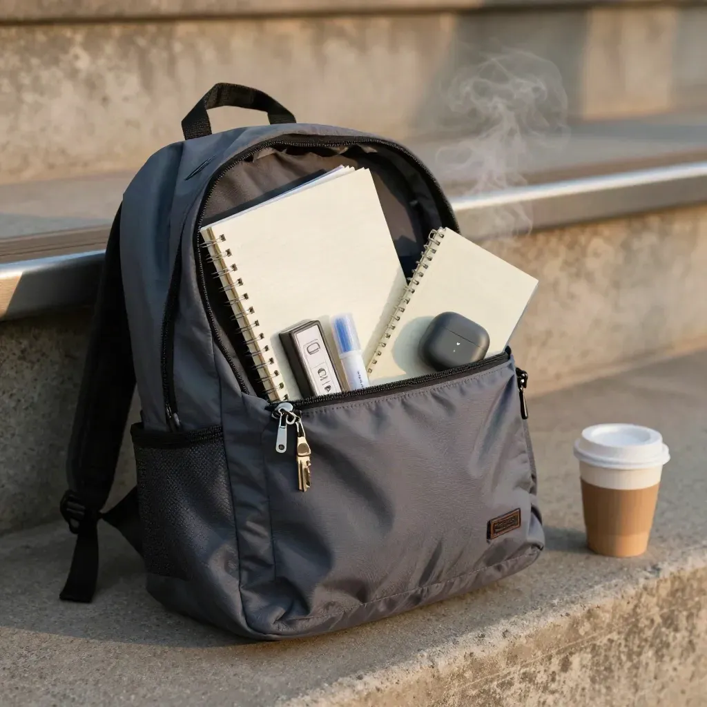 Open backpack with study supplies on a concrete step, lit by cool morning haze.