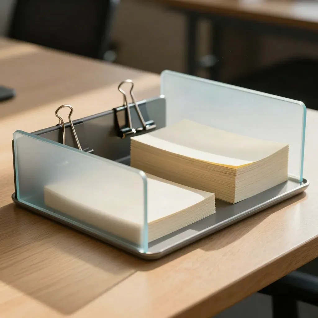 Binder clips, note pads, and acrylic card holders seen through a frosted divider on a pale oak tray.