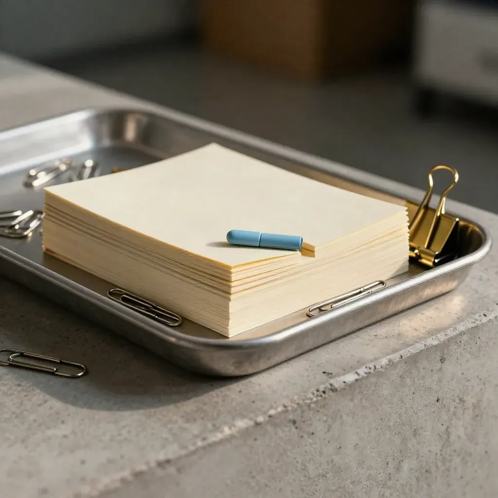 Stacked note pads, paper clips and a brass holder on concrete with soft blue accent.