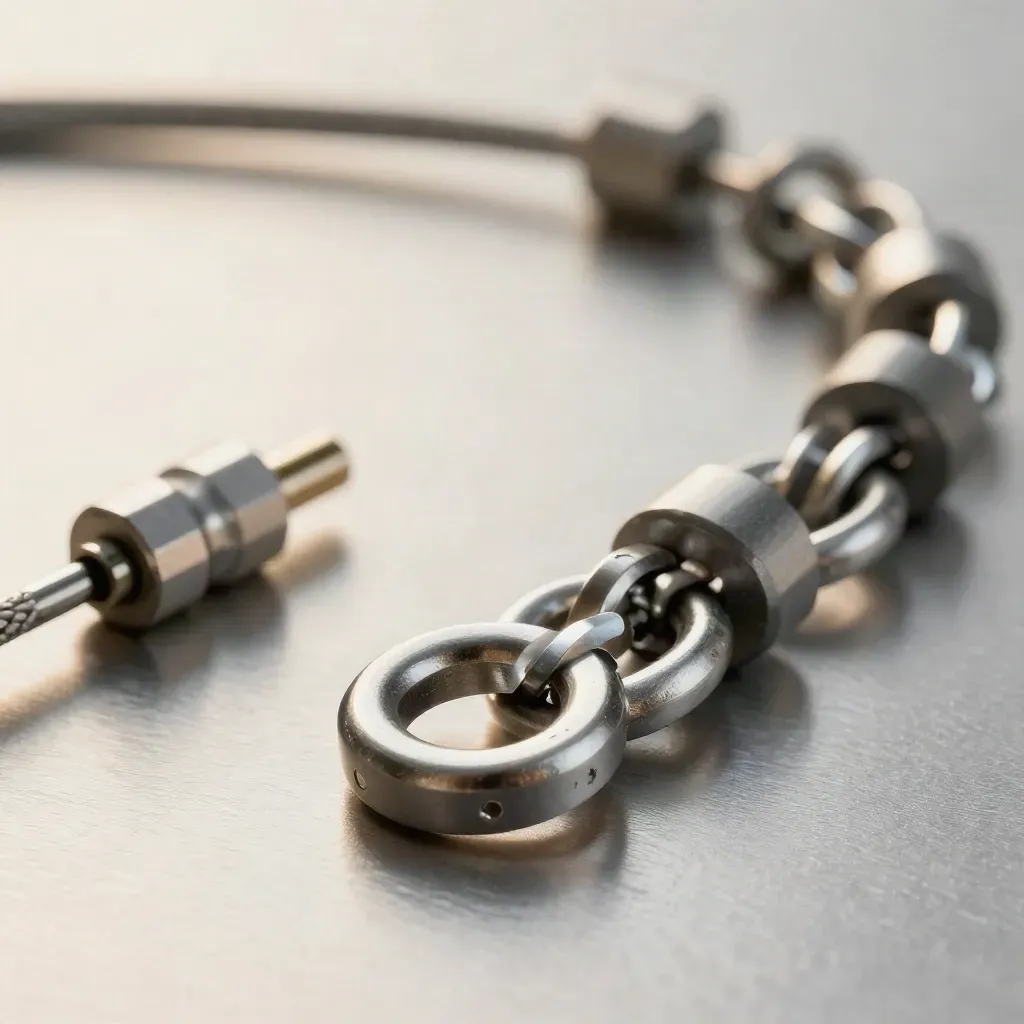 Macro still life of linked metal rings and connector blocks on brushed steel
