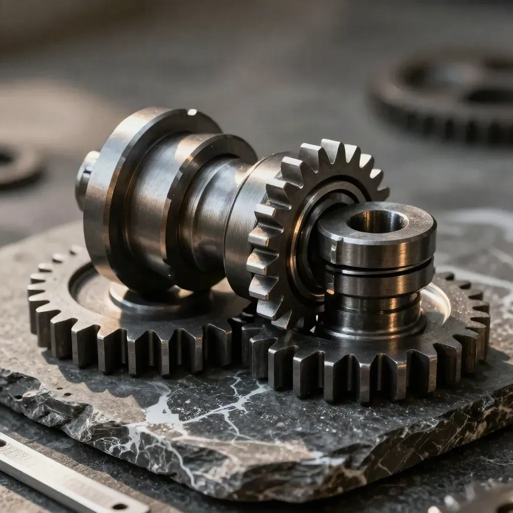 Machined gears and a split steel coupling on dark stone, lit dramatically with a white accent.