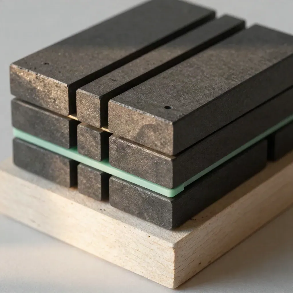 Graphite modular blocks with dovetail joints on pale wood and stone, lit from upper left.