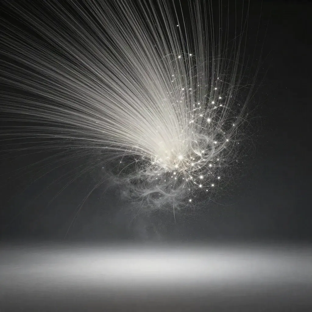 Silver filaments converge into a soft white bloom in dark graphite haze.