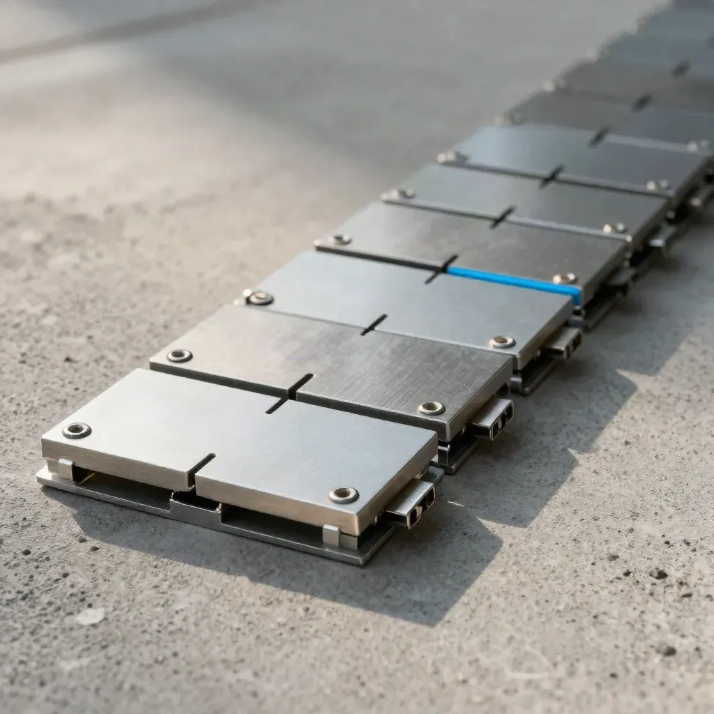 Magnetic clips locking modular metal tiles on concrete in soft directional light.